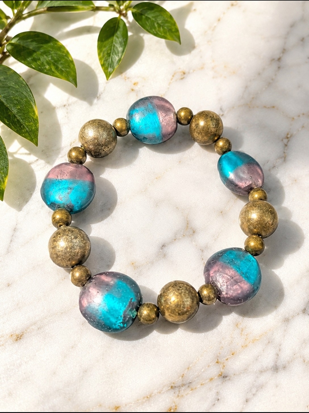 Handcrafted Blue-Pinkish Purple Glass & Antiqued Brass Bead Stretch Bracelet